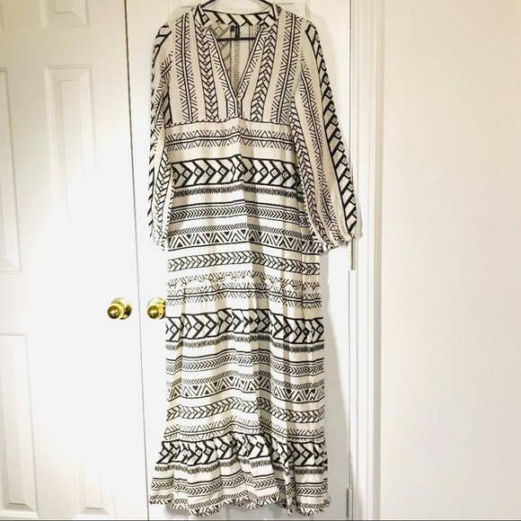 Vero Moda Boho Black & Ivory Aztec Print Long Sleeve Maxi Dress XS - Picture 3 of 7